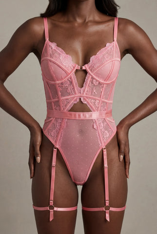 Lace bodysuit with thigh band - AUDACE Pink 